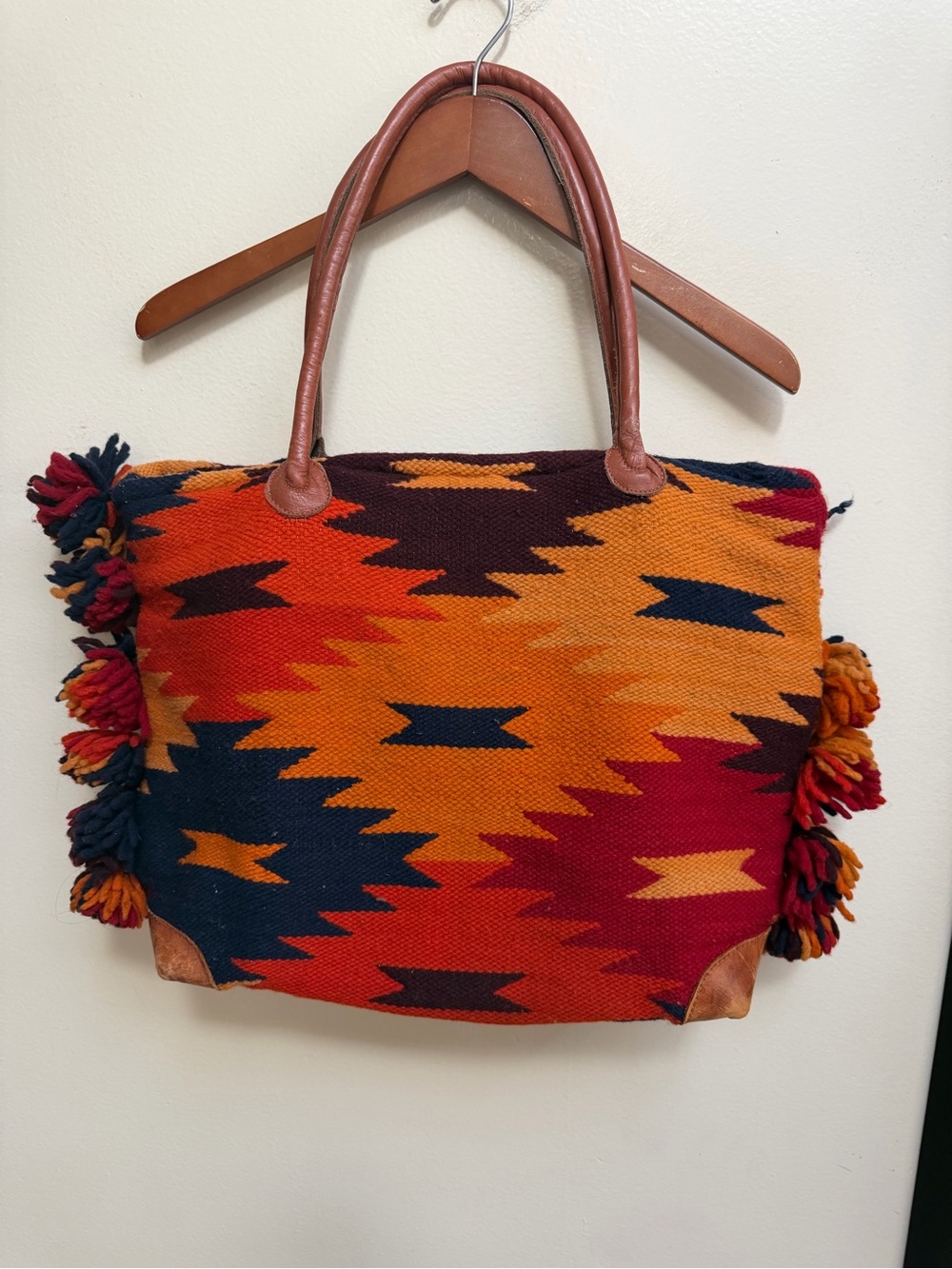 Vintage Handwoven Tote in Orange, Red & Navy